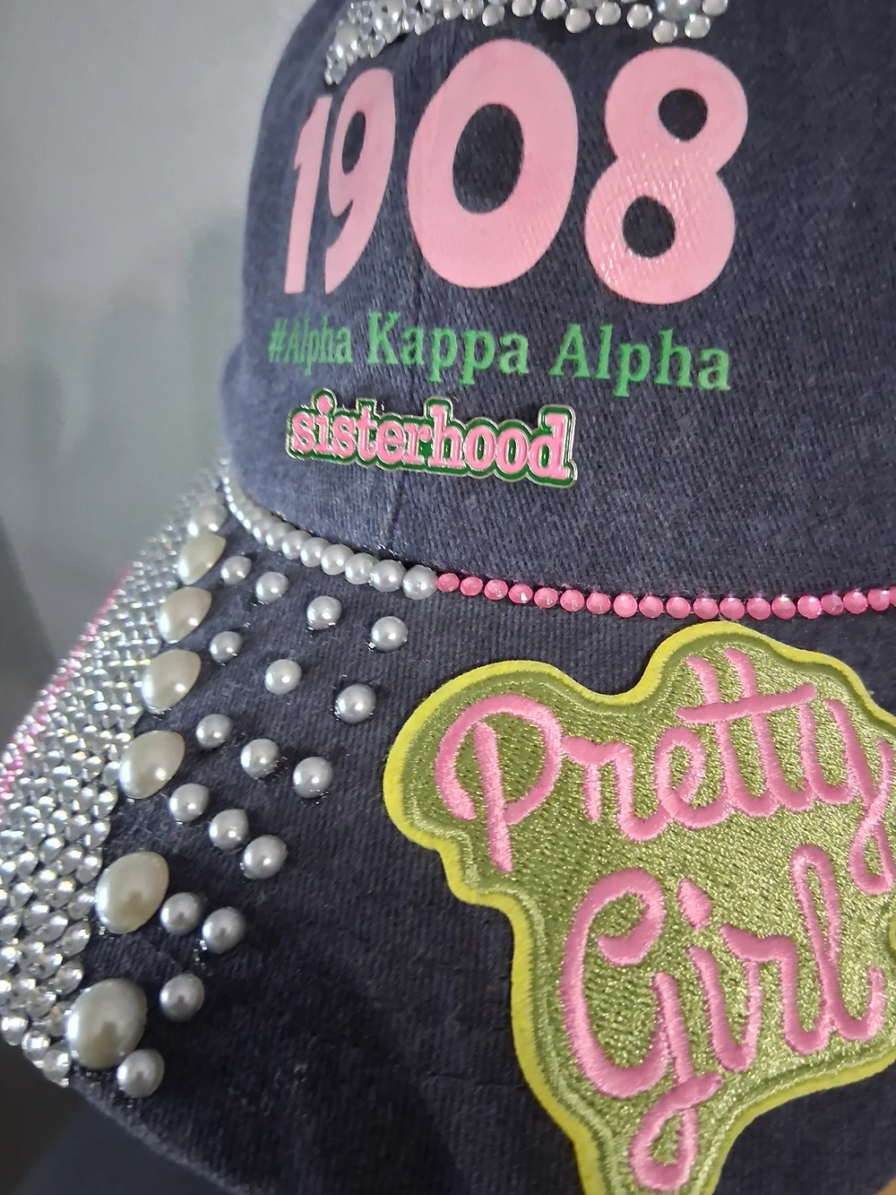 AKA Hand Crafted Navy Alpha Kappa Alpha 1908 Rhinestone Pearl Cap